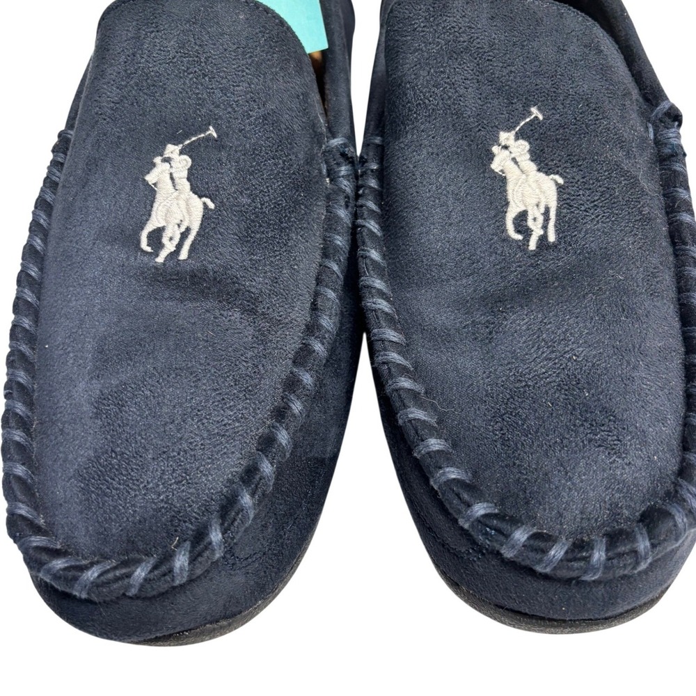 Polo Ralph Lauren Declan Mens Navy Blue Suede Moccasin Slippers Plaid Lining 12 - Picture 4 of 9